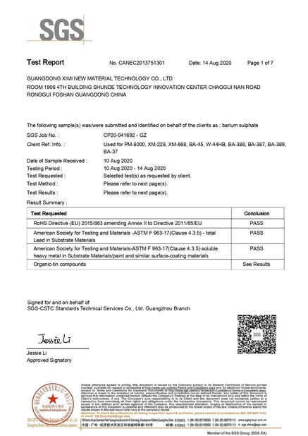 Cina Guangdong XiMi New Material Technology Co., Ltd Certificazioni