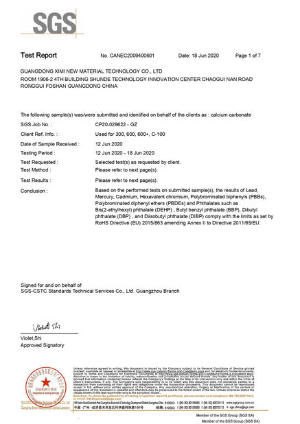 Cina Guangdong XiMi New Material Technology Co., Ltd Certificazioni